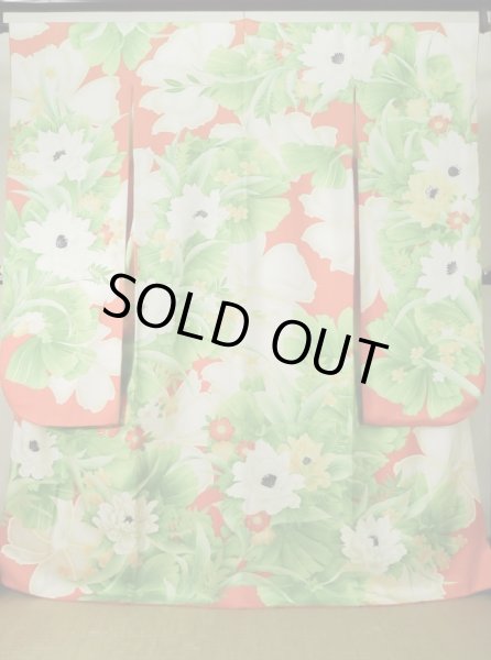 Photo2: K1222C Used Japanese women  Orange FURISODE long-sleeved / Silk. Flower,   (Grade C) (2)