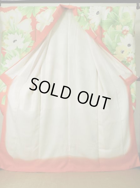 Photo3: K1222C Used Japanese women  Orange FURISODE long-sleeved / Silk. Flower,   (Grade C) (3)