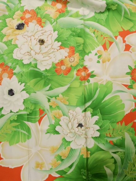 Photo4: K1222C Used Japanese women  Orange FURISODE long-sleeved / Silk. Flower,   (Grade C) (4)