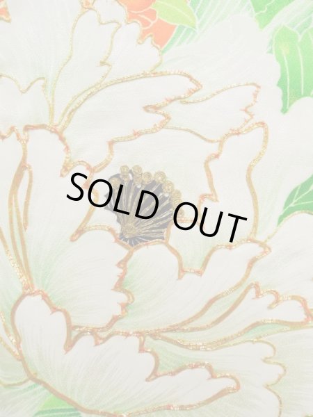 Photo6: K1222C Used Japanese women  Orange FURISODE long-sleeved / Silk. Flower,   (Grade C) (6)