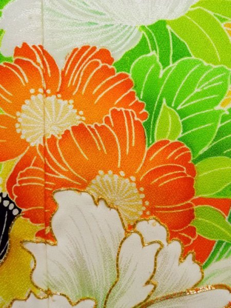 Photo7: K1222C Used Japanese women  Orange FURISODE long-sleeved / Silk. Flower,   (Grade C) (7)