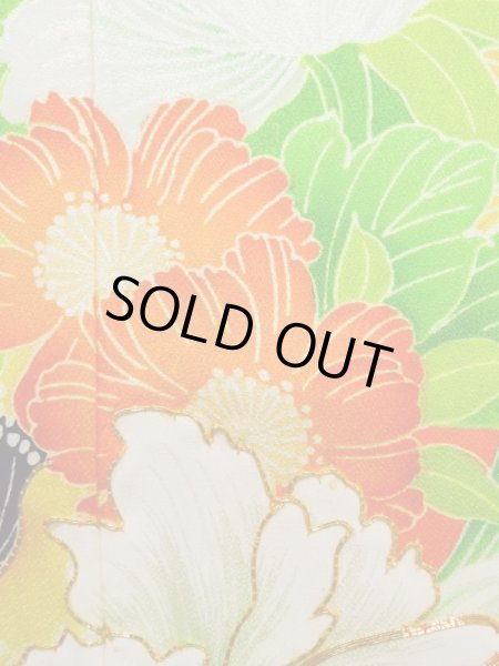 Photo7: K1222C Used Japanese women  Orange FURISODE long-sleeved / Silk. Flower,   (Grade C) (7)