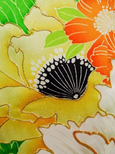 Photo8: K1222C Used Japanese women  Orange FURISODE long-sleeved / Silk. Flower,   (Grade C) (8)