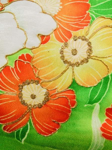 Photo9: K1222C Used Japanese women  Orange FURISODE long-sleeved / Silk. Flower,   (Grade C) (9)