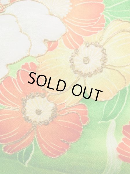 Photo9: K1222C Used Japanese women  Orange FURISODE long-sleeved / Silk. Flower,   (Grade C) (9)