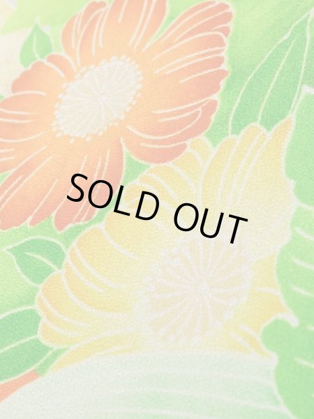 Photo12: K1222C Used Japanese women  Orange FURISODE long-sleeved / Silk. Flower,   (Grade C) (12)