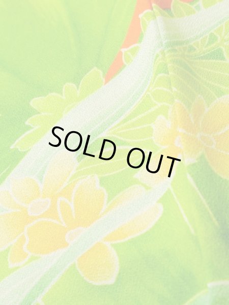 Photo15: K1222C Used Japanese women  Orange FURISODE long-sleeved / Silk. Flower,   (Grade C) (15)