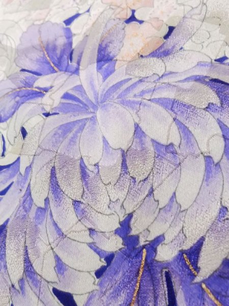 Photo12: Mint K1222D Used Japanese women  Off White FURISODE long-sleeved / Silk. Peony, lily pattern  (Grade A) (12)