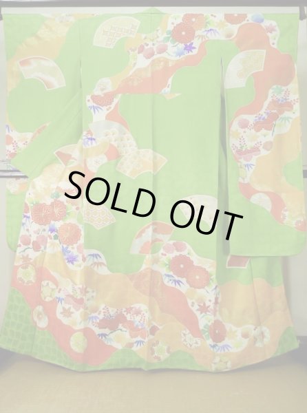 Photo1: K1222E Used Japanese womenPale  Yellowish Green FURISODE long-sleeved / Silk. Chrysanthemum,   (Grade C) (1)