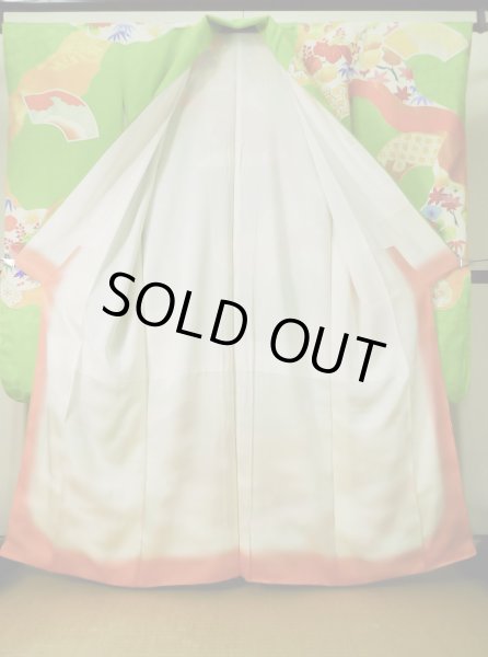 Photo3: K1222E Used Japanese womenPale  Yellowish Green FURISODE long-sleeved / Silk. Chrysanthemum,   (Grade C) (3)