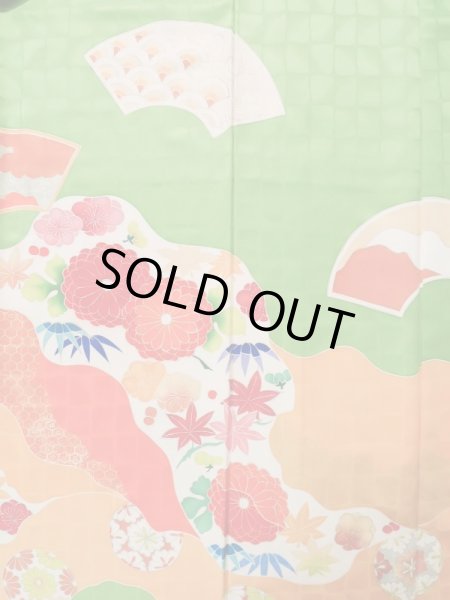 Photo5: K1222E Used Japanese womenPale  Yellowish Green FURISODE long-sleeved / Silk. Chrysanthemum,   (Grade C) (5)