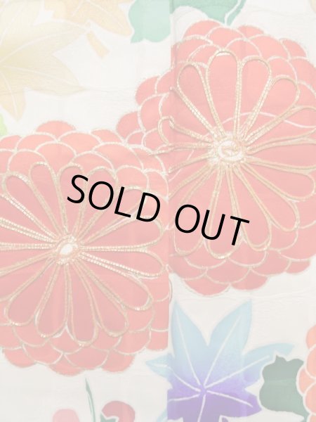 Photo6: K1222E Used Japanese womenPale  Yellowish Green FURISODE long-sleeved / Silk. Chrysanthemum,   (Grade C) (6)