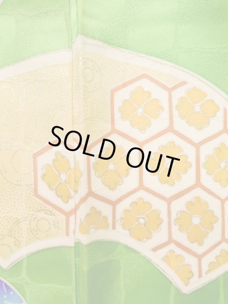 Photo9: K1222E Used Japanese womenPale  Yellowish Green FURISODE long-sleeved / Silk. Chrysanthemum,   (Grade C) (9)