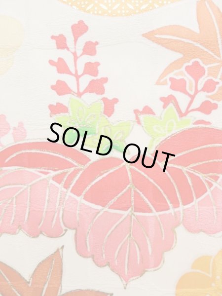 Photo10: K1222E Used Japanese womenPale  Yellowish Green FURISODE long-sleeved / Silk. Chrysanthemum,   (Grade C) (10)