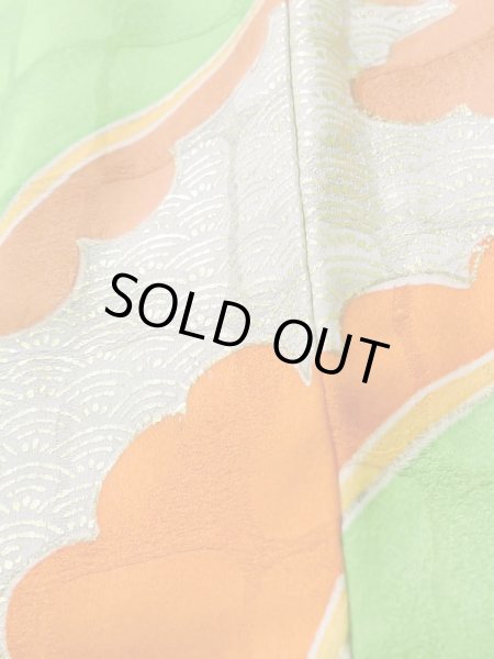 Photo13: K1222E Used Japanese womenPale  Yellowish Green FURISODE long-sleeved / Silk. Chrysanthemum,   (Grade C) (13)