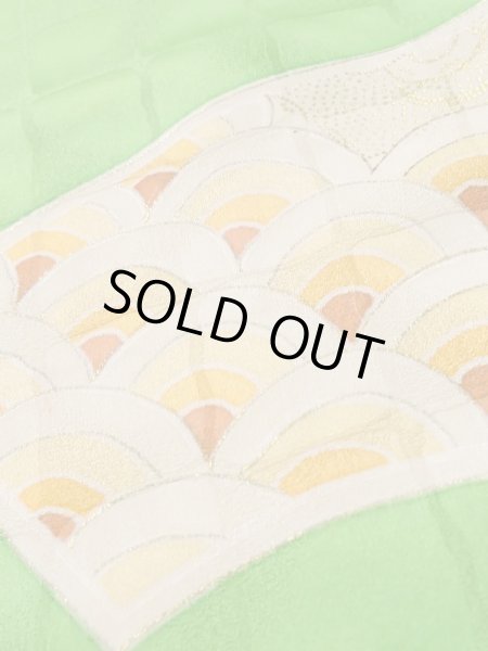 Photo14: K1222E Used Japanese womenPale  Yellowish Green FURISODE long-sleeved / Silk. Chrysanthemum,   (Grade C) (14)