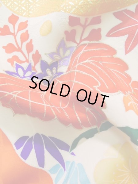 Photo17: K1222E Used Japanese womenPale  Yellowish Green FURISODE long-sleeved / Silk. Chrysanthemum,   (Grade C) (17)