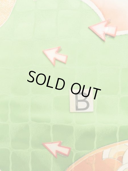 Photo20: K1222E Used Japanese womenPale  Yellowish Green FURISODE long-sleeved / Silk. Chrysanthemum,   (Grade C) (20)