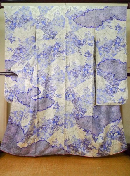 Photo1: Mint K1222F Used Japanese women  Purple FURISODE long-sleeved / Silk. Peony,   (Grade A) (1)