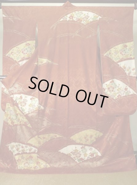 Photo1: K1222H Used Japanese women  Vermilion FURISODE long-sleeved / Silk. UME plum bloom, snow ring pattern  (Grade B) (1)