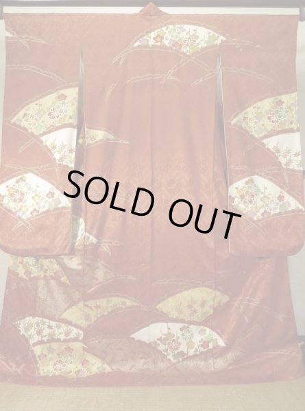 Photo2: K1222H Used Japanese women  Vermilion FURISODE long-sleeved / Silk. UME plum bloom, snow ring pattern  (Grade B) (2)