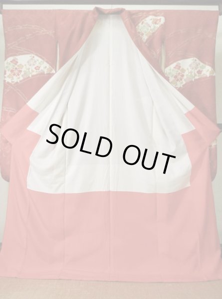 Photo3: K1222H Used Japanese women  Vermilion FURISODE long-sleeved / Silk. UME plum bloom, snow ring pattern  (Grade B) (3)