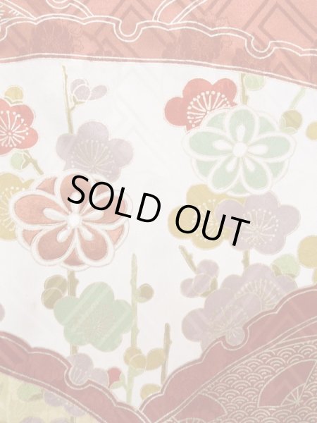 Photo6: K1222H Used Japanese women  Vermilion FURISODE long-sleeved / Silk. UME plum bloom, snow ring pattern  (Grade B) (6)