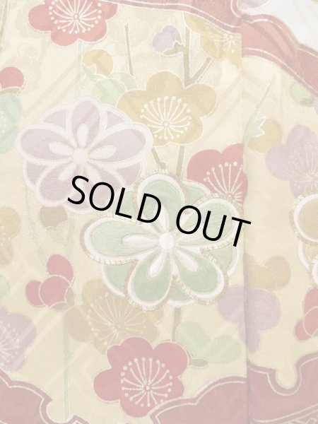 Photo7: K1222H Used Japanese women  Vermilion FURISODE long-sleeved / Silk. UME plum bloom, snow ring pattern  (Grade B) (7)