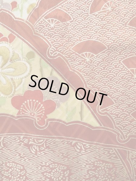 Photo8: K1222H Used Japanese women  Vermilion FURISODE long-sleeved / Silk. UME plum bloom, snow ring pattern  (Grade B) (8)