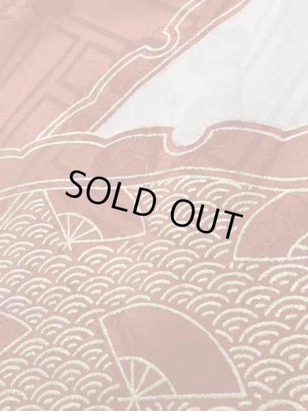 Photo12: K1222H Used Japanese women  Vermilion FURISODE long-sleeved / Silk. UME plum bloom, snow ring pattern  (Grade B) (12)