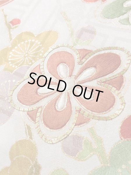 Photo13: K1222H Used Japanese women  Vermilion FURISODE long-sleeved / Silk. UME plum bloom, snow ring pattern  (Grade B) (13)