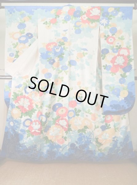 Photo1: K1222I Used Japanese women  Off White FURISODE long-sleeved / Silk. Peony,   (Grade C) (1)