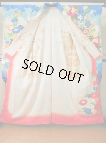 Photo3: K1222I Used Japanese women  Off White FURISODE long-sleeved / Silk. Peony,   (Grade C) (3)