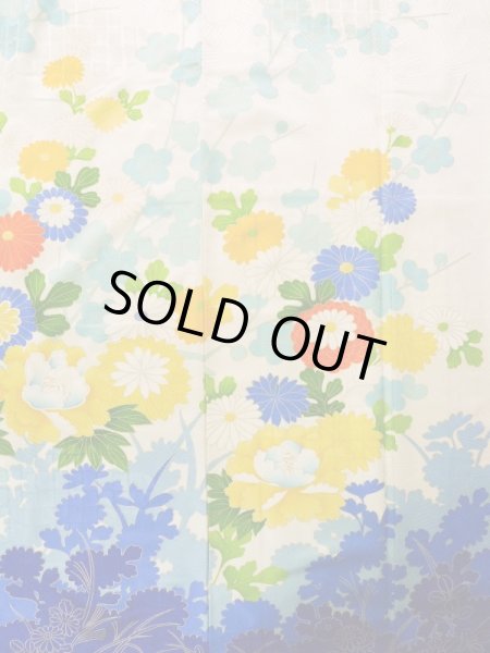 Photo5: K1222I Used Japanese women  Off White FURISODE long-sleeved / Silk. Peony,   (Grade C) (5)