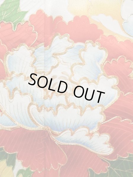 Photo6: K1222I Used Japanese women  Off White FURISODE long-sleeved / Silk. Peony,   (Grade C) (6)
