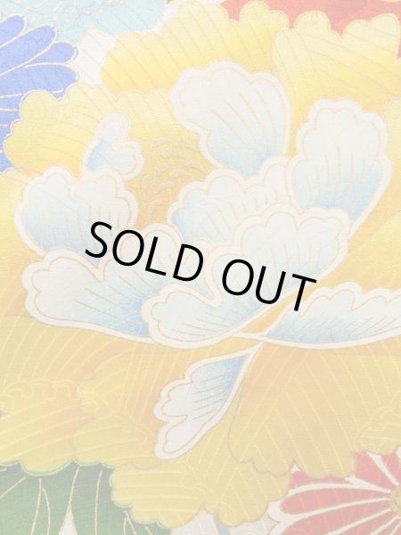 Photo10: K1222I Used Japanese women  Off White FURISODE long-sleeved / Silk. Peony,   (Grade C) (10)