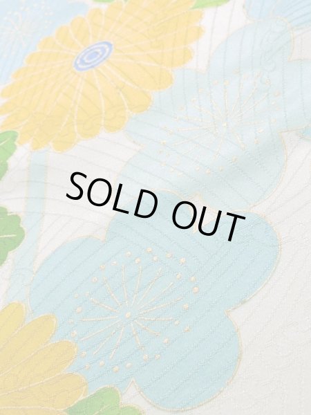 Photo13: K1222I Used Japanese women  Off White FURISODE long-sleeved / Silk. Peony,   (Grade C) (13)