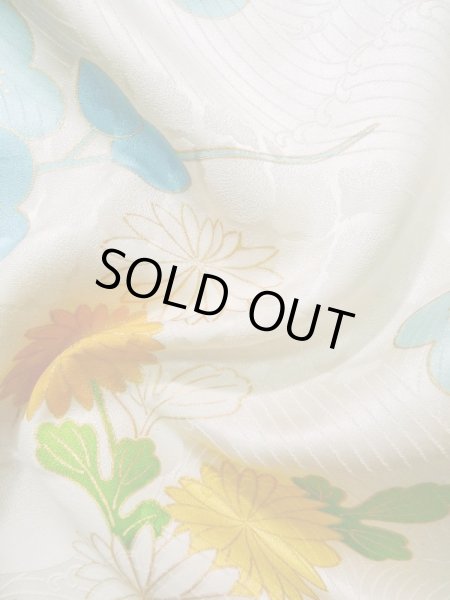 Photo16: K1222I Used Japanese women  Off White FURISODE long-sleeved / Silk. Peony,   (Grade C) (16)