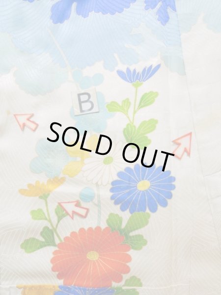 Photo19: K1222I Used Japanese women  Off White FURISODE long-sleeved / Silk. Peony,   (Grade C) (19)