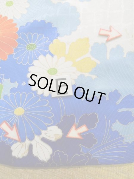 Photo22: K1222I Used Japanese women  Off White FURISODE long-sleeved / Silk. Peony,   (Grade C) (22)