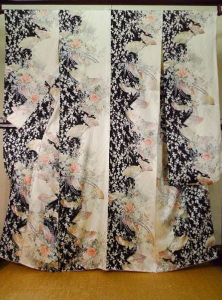 Photo1: K1222J Used Japanese women  Black FURISODE long-sleeved / Silk. Flower, flower cart pattern  (Grade A) (1)
