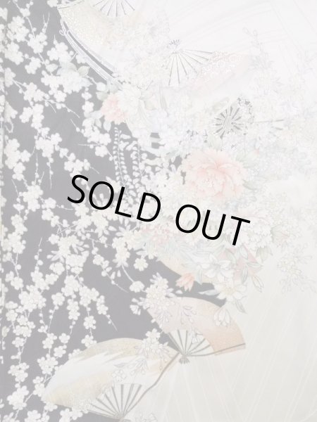 Photo4: K1222J Used Japanese women  Black FURISODE long-sleeved / Silk. Flower, flower cart pattern  (Grade A) (4)