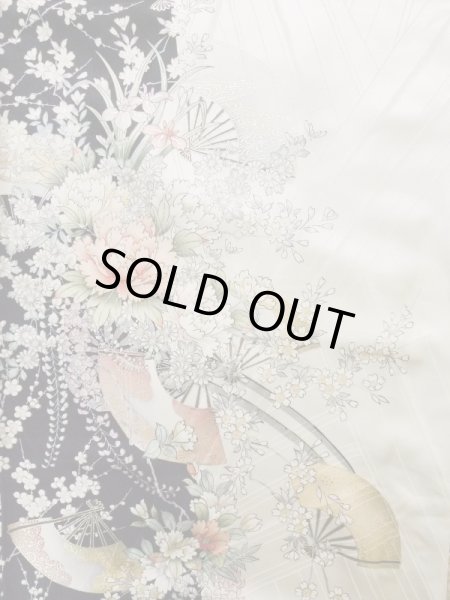 Photo5: K1222J Used Japanese women  Black FURISODE long-sleeved / Silk. Flower, flower cart pattern  (Grade A) (5)