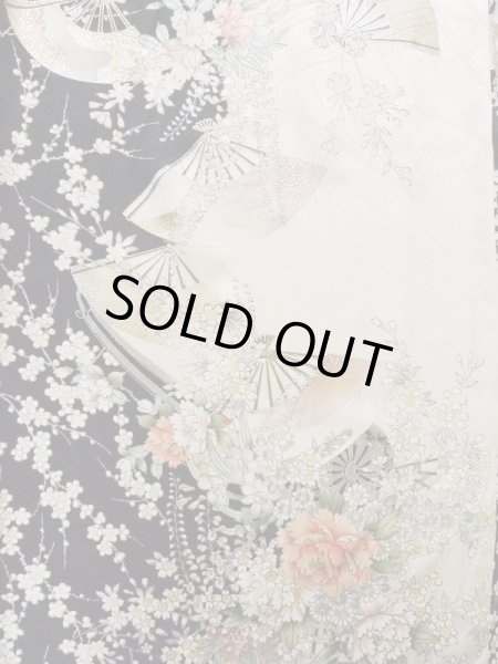 Photo6: K1222J Used Japanese women  Black FURISODE long-sleeved / Silk. Flower, flower cart pattern  (Grade A) (6)