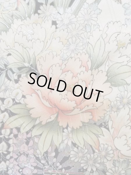 Photo7: K1222J Used Japanese women  Black FURISODE long-sleeved / Silk. Flower, flower cart pattern  (Grade A) (7)