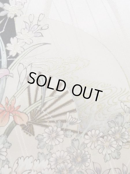 Photo8: K1222J Used Japanese women  Black FURISODE long-sleeved / Silk. Flower, flower cart pattern  (Grade A) (8)