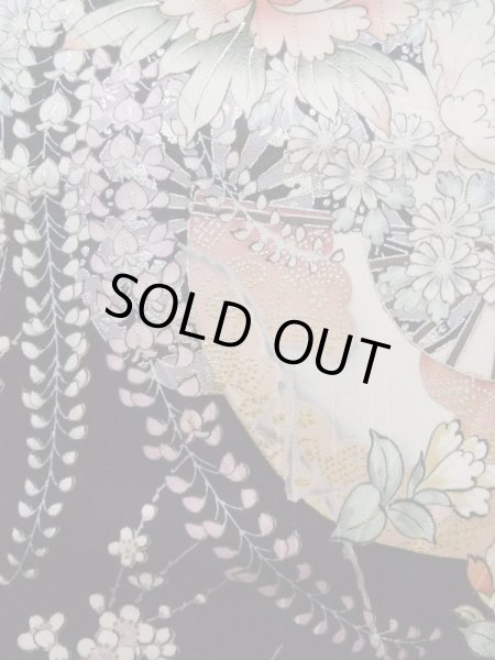 Photo10: K1222J Used Japanese women  Black FURISODE long-sleeved / Silk. Flower, flower cart pattern  (Grade A) (10)