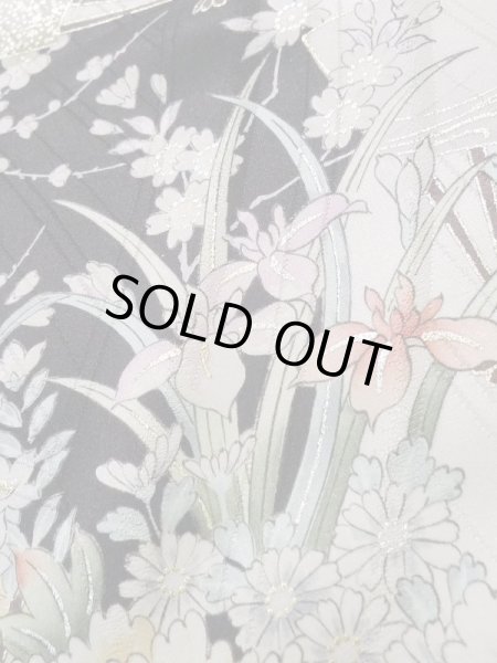 Photo11: K1222J Used Japanese women  Black FURISODE long-sleeved / Silk. Flower, flower cart pattern  (Grade A) (11)
