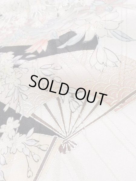 Photo13: K1222J Used Japanese women  Black FURISODE long-sleeved / Silk. Flower, flower cart pattern  (Grade A) (13)