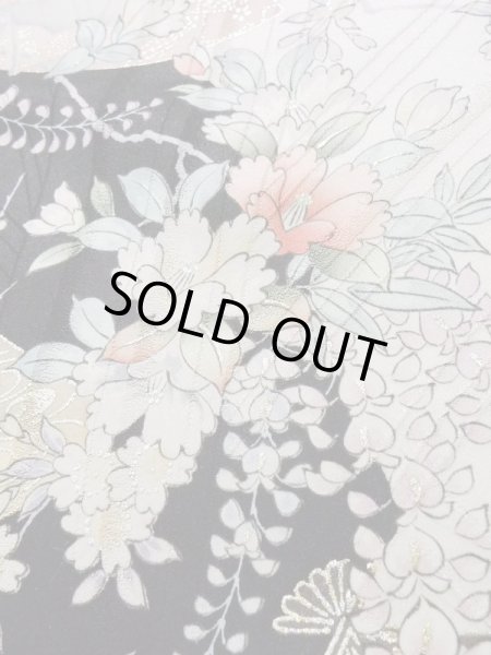 Photo14: K1222J Used Japanese women  Black FURISODE long-sleeved / Silk. Flower, flower cart pattern  (Grade A) (14)